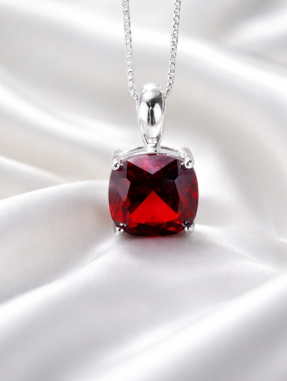 925 Sterling Sliver New Cushion Cut Garnet CZ Pendant with Chain